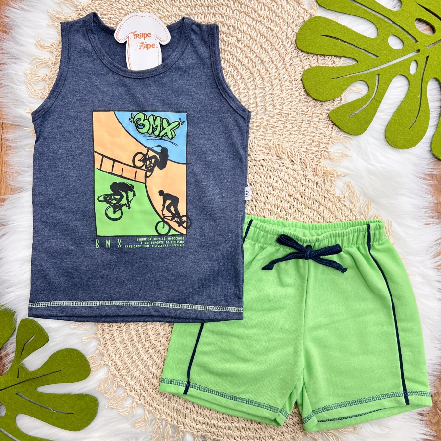 Conj. Regata BMX e Bermuda em Moletinho - Mescla e Verde